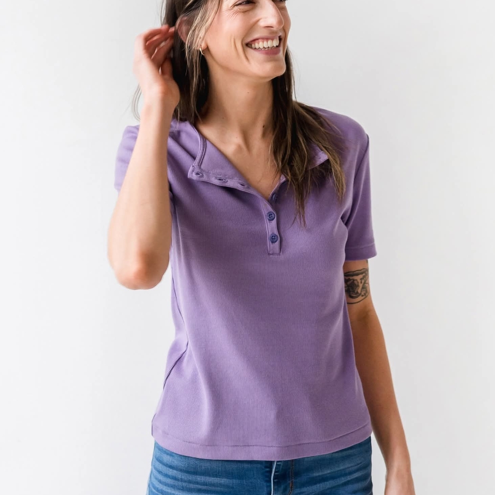 The Rib Henley Short Sleece Tee by Franc in Lavender